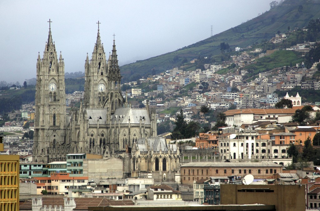 La Basilica del Voto Nacional in Quito, Ecuador. Neo-Gothic architecture. In Centro Historico, the Old Town. Quito is a UNESCO World Cultural Site.